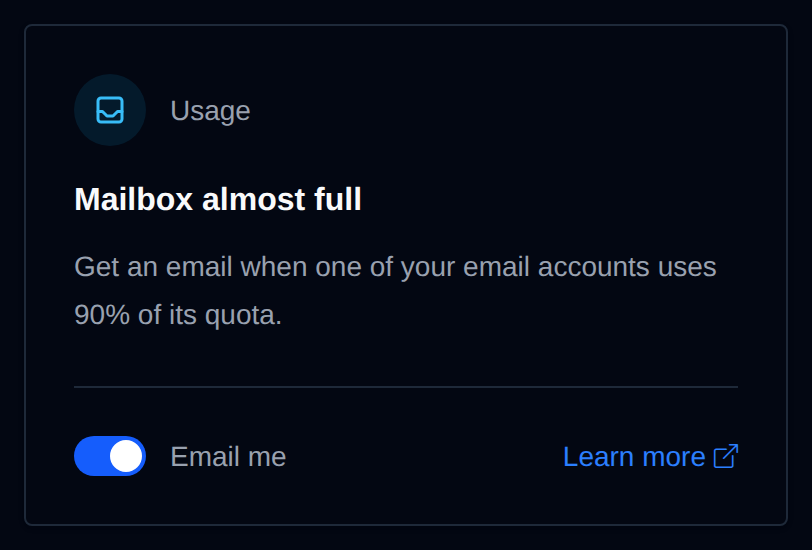 Mailbox almost full card with the Email me switch and a Learn more link