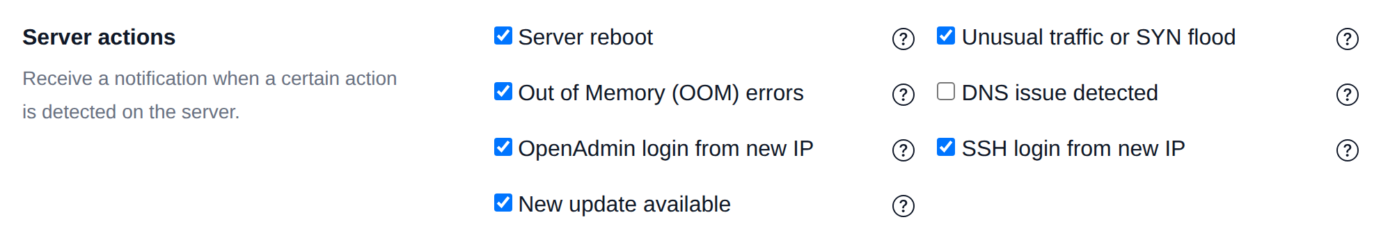 Server actions section with toggles for reboot, OOM, DNS and other server events