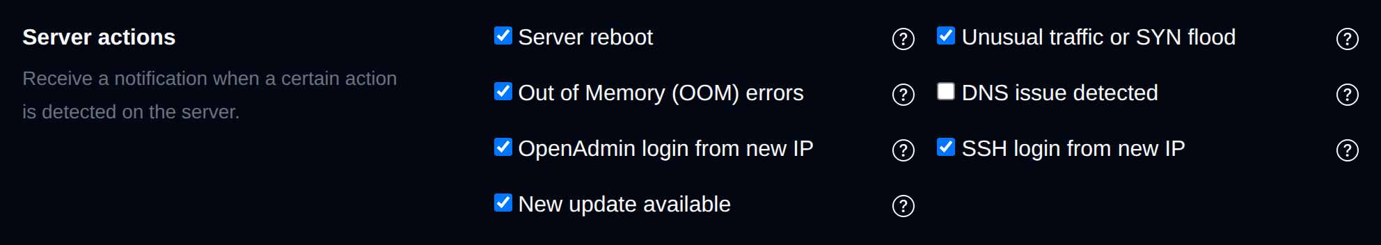 Server actions section with toggles for reboot, OOM, DNS and other server events
