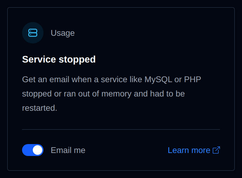 Service stopped card with the Email me switch and a Learn more link