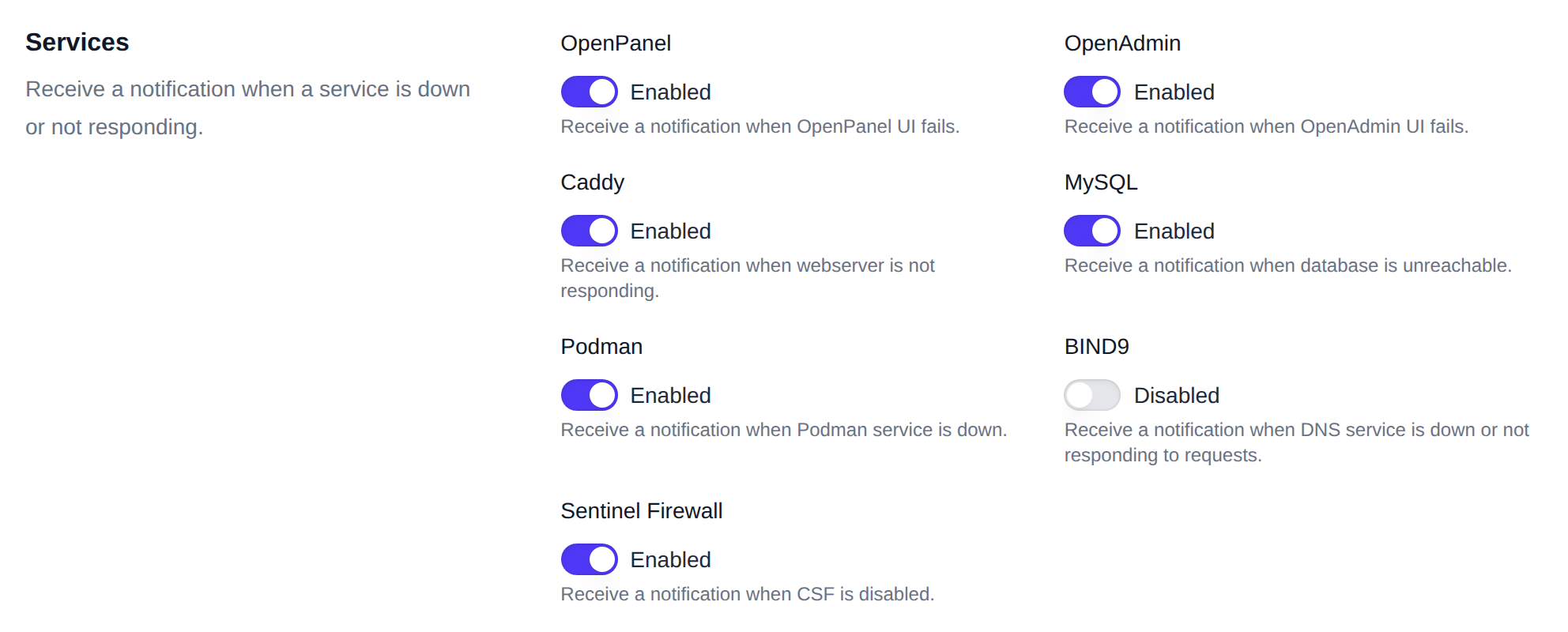 Services section with a toggle per monitored service