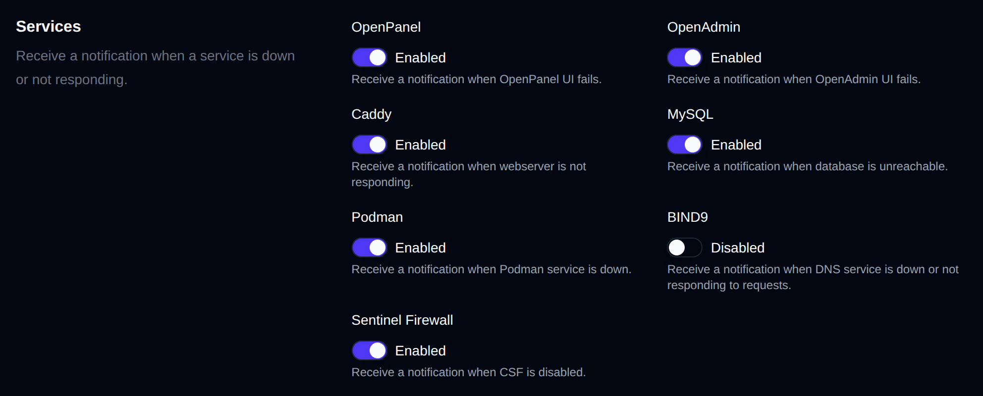 Services section with a toggle per monitored service