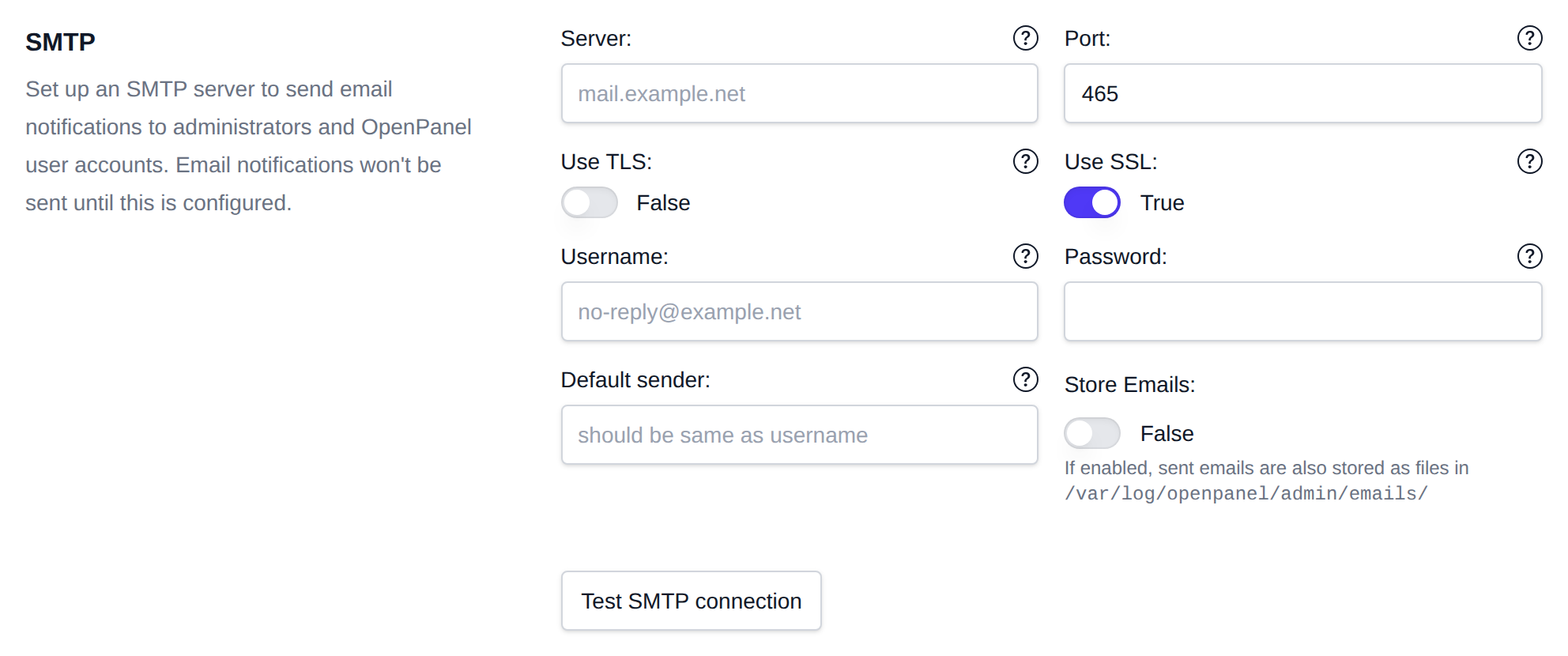 SMTP section with the mail server settings and the Test SMTP connection button