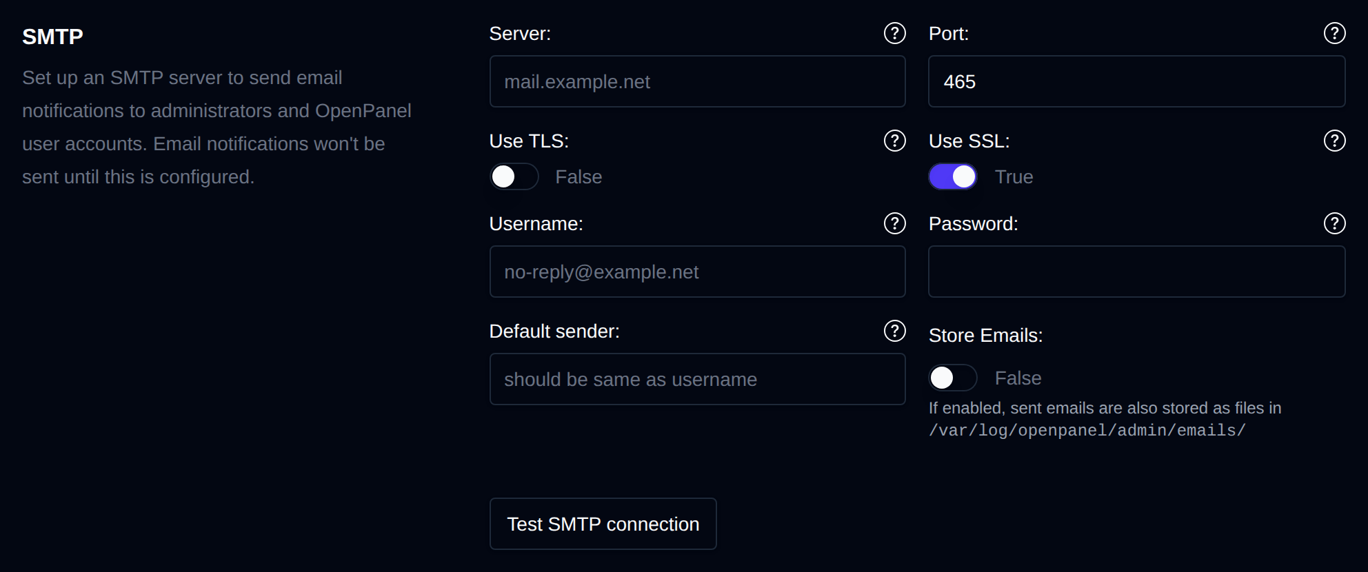 SMTP section with the mail server settings and the Test SMTP connection button
