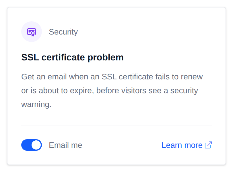 SSL certificate problem card with the Email me switch and a Learn more link