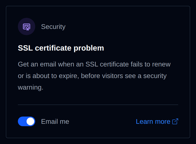 SSL certificate problem card with the Email me switch and a Learn more link