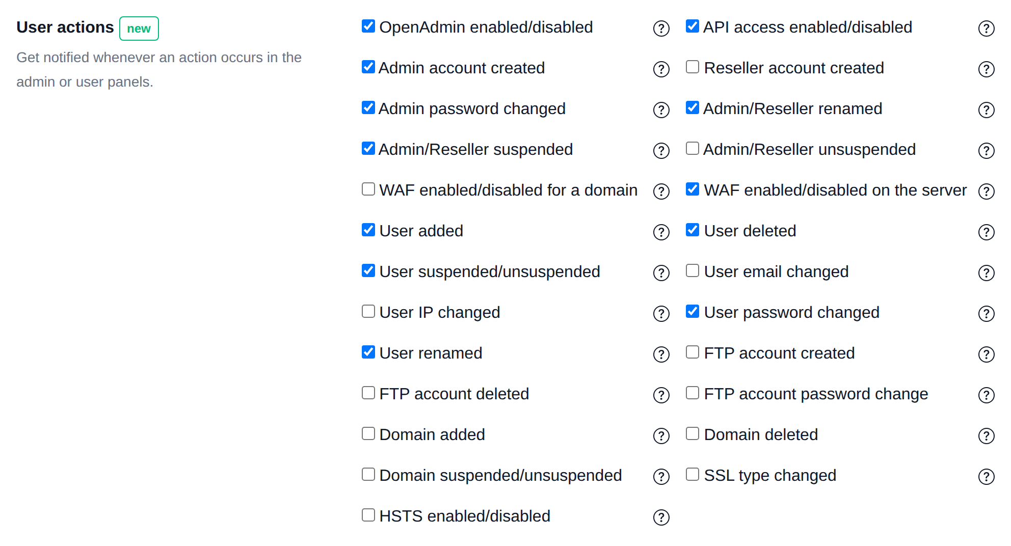 User actions section with toggles for account and domain change notifications