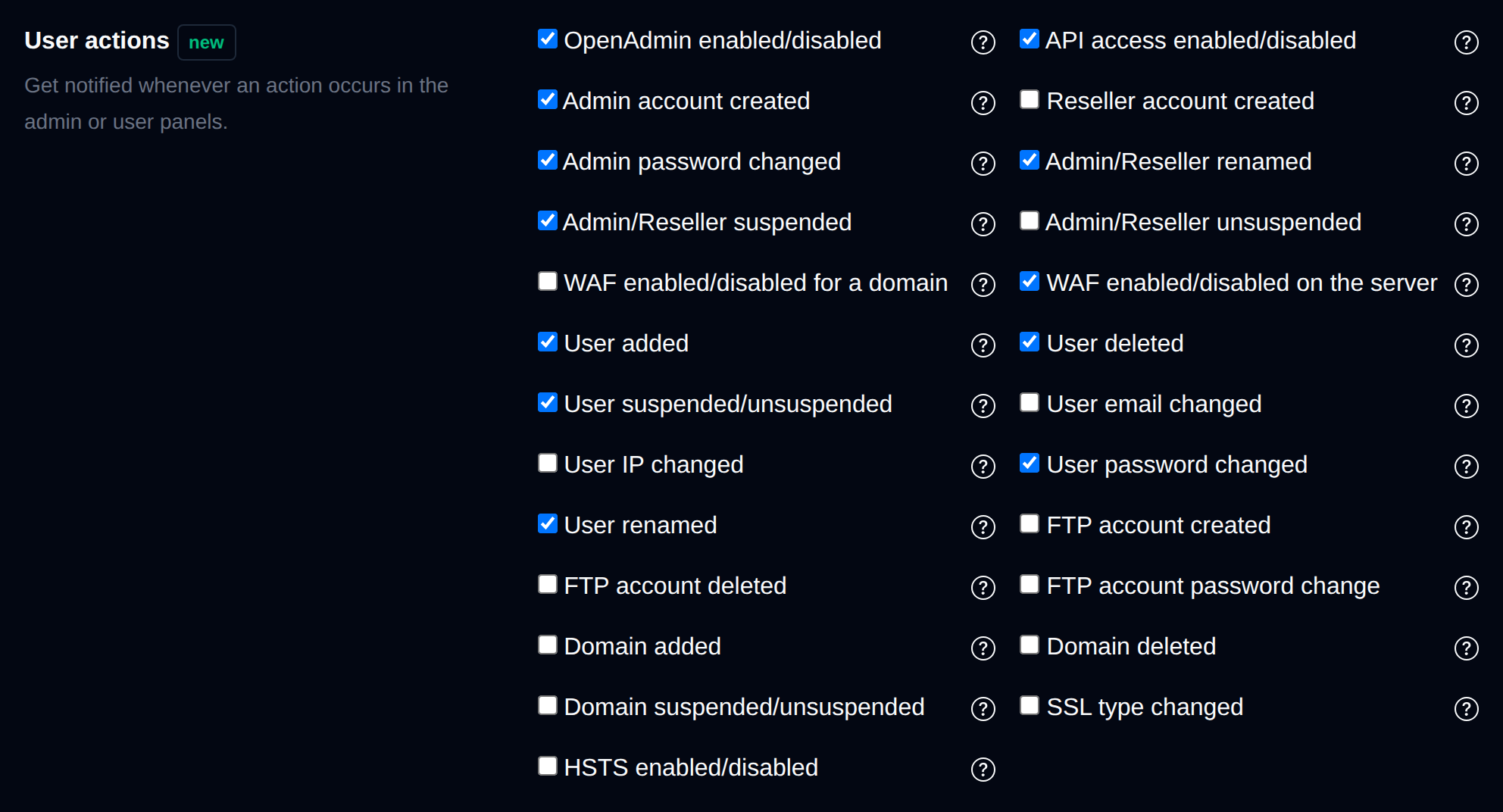 User actions section with toggles for account and domain change notifications