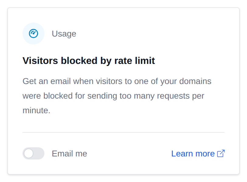 Visitors blocked by rate limit card with the Email me switch and a Learn more link