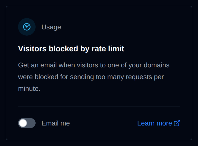 Visitors blocked by rate limit card with the Email me switch and a Learn more link