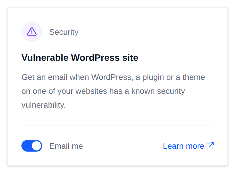 Vulnerable WordPress site card with the Email me switch and a Learn more link
