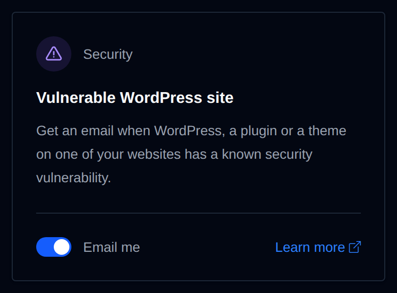 Vulnerable WordPress site card with the Email me switch and a Learn more link