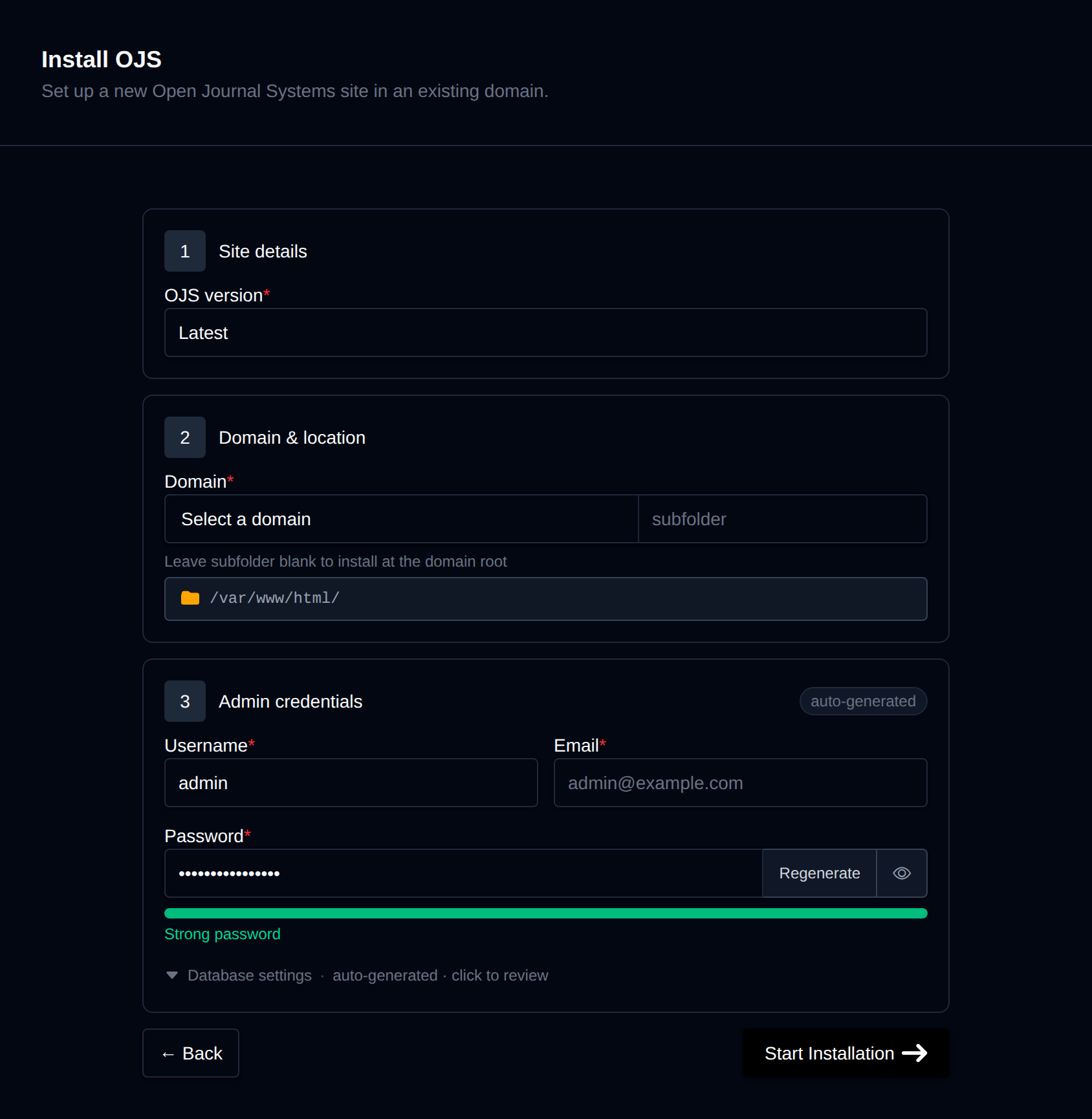 Install OJS form with the site details, domain and location, and admin credentials
