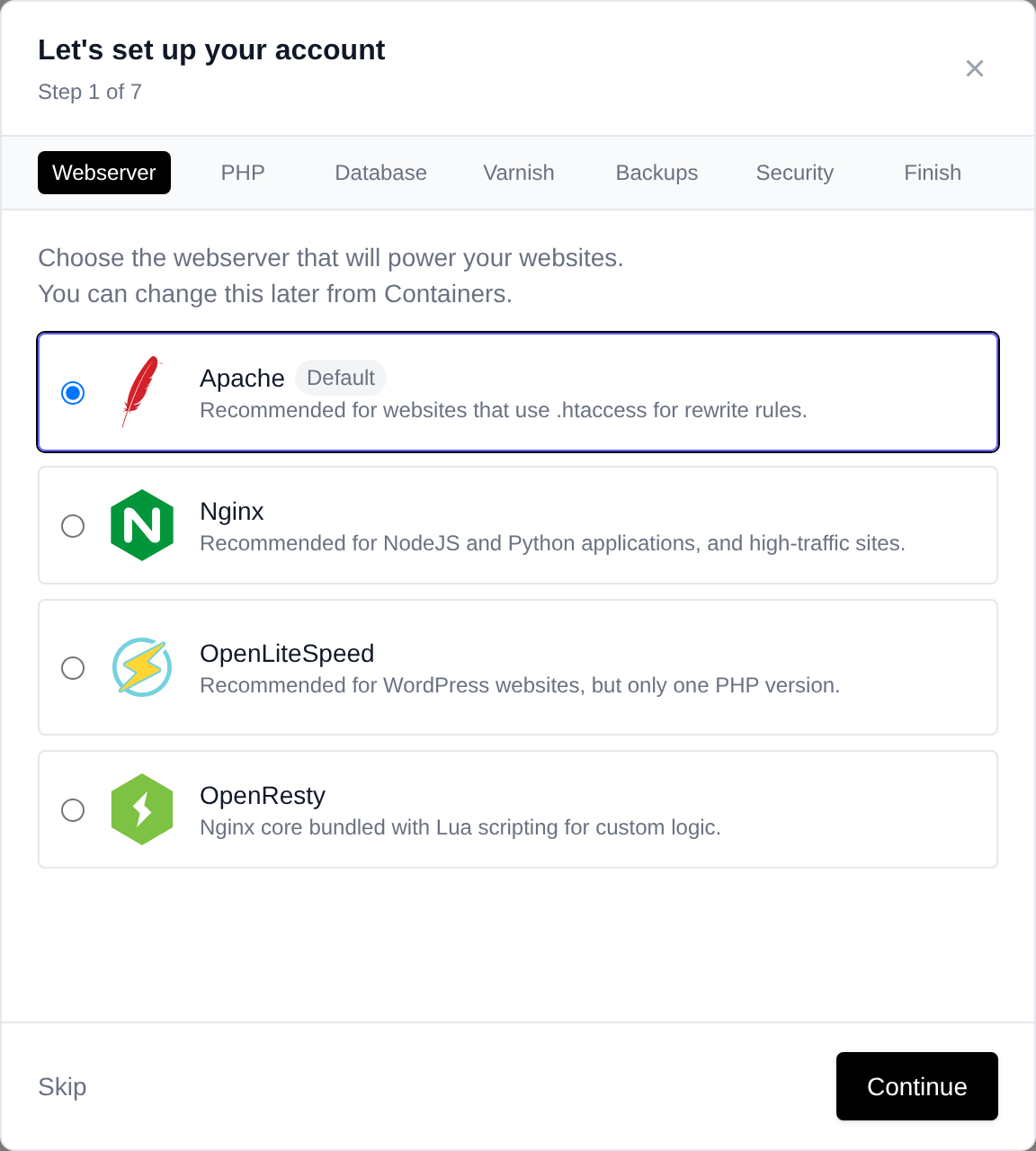 Onboarding wizard on its first step, choosing the webserver: Apache, Nginx, OpenLiteSpeed or OpenResty