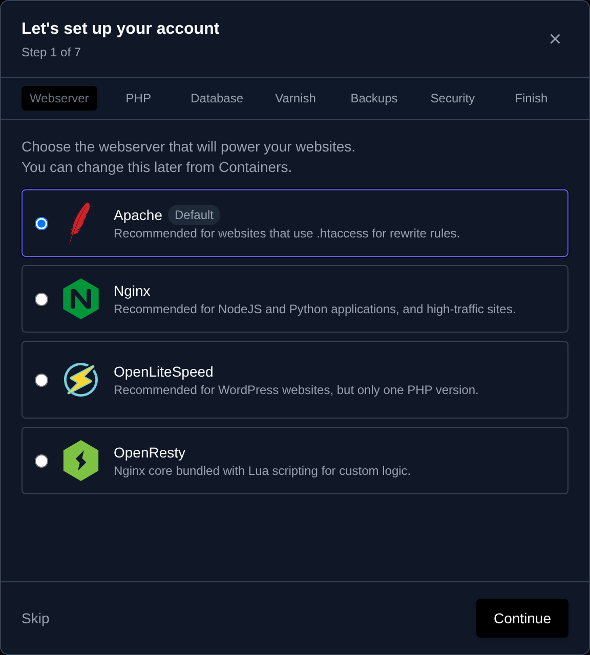 Onboarding wizard on its first step, choosing the webserver: Apache, Nginx, OpenLiteSpeed or OpenResty