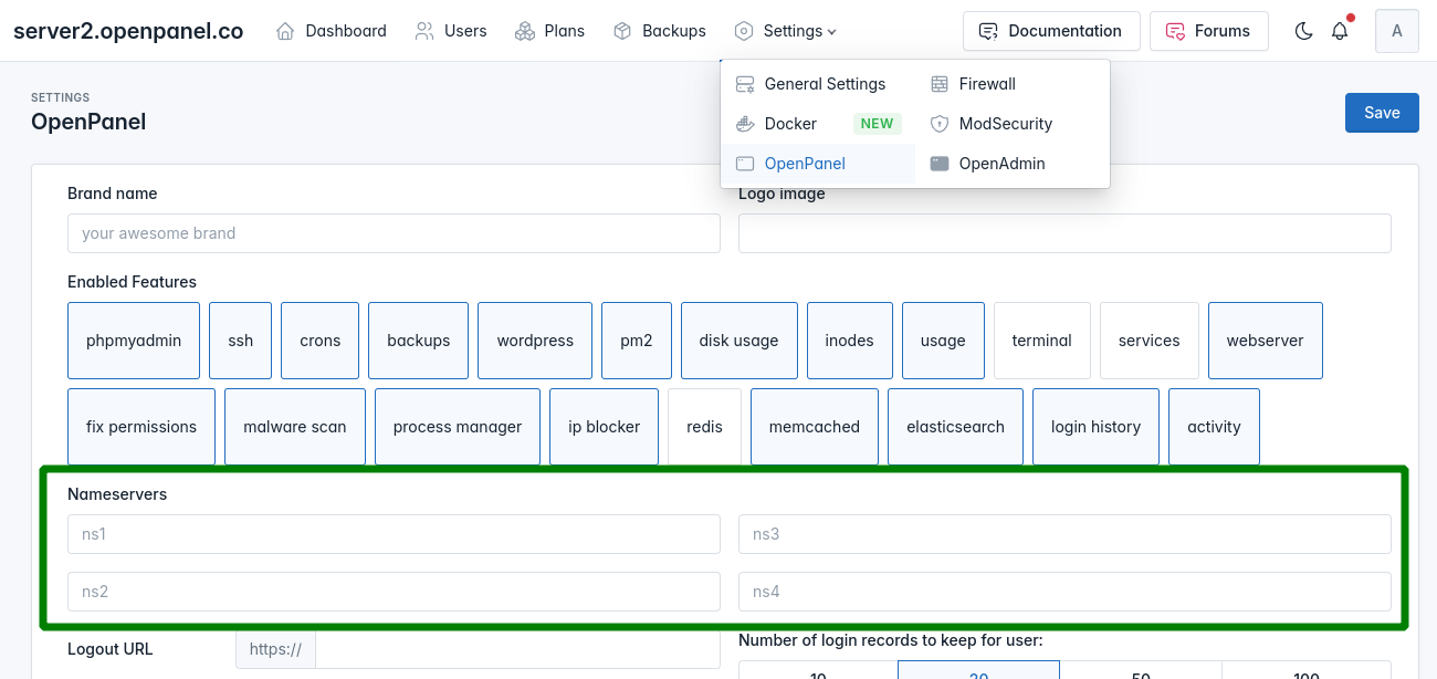 openpanel add nameservers