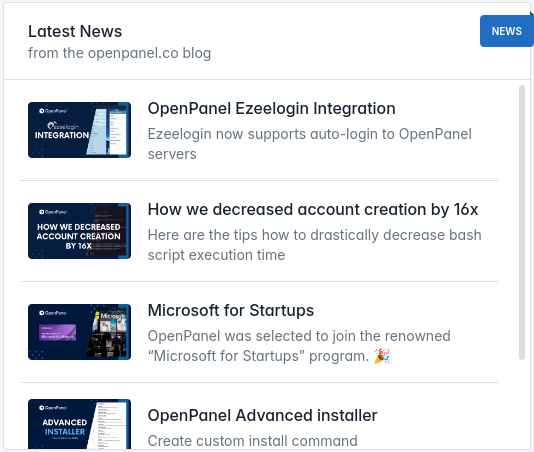 OpenAdmin Dashboard Latest News widget