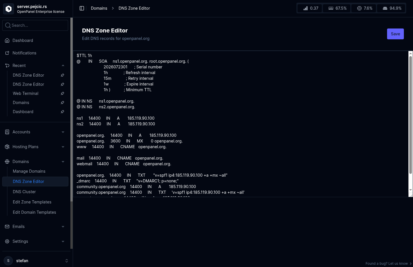 openadmin dns select domain