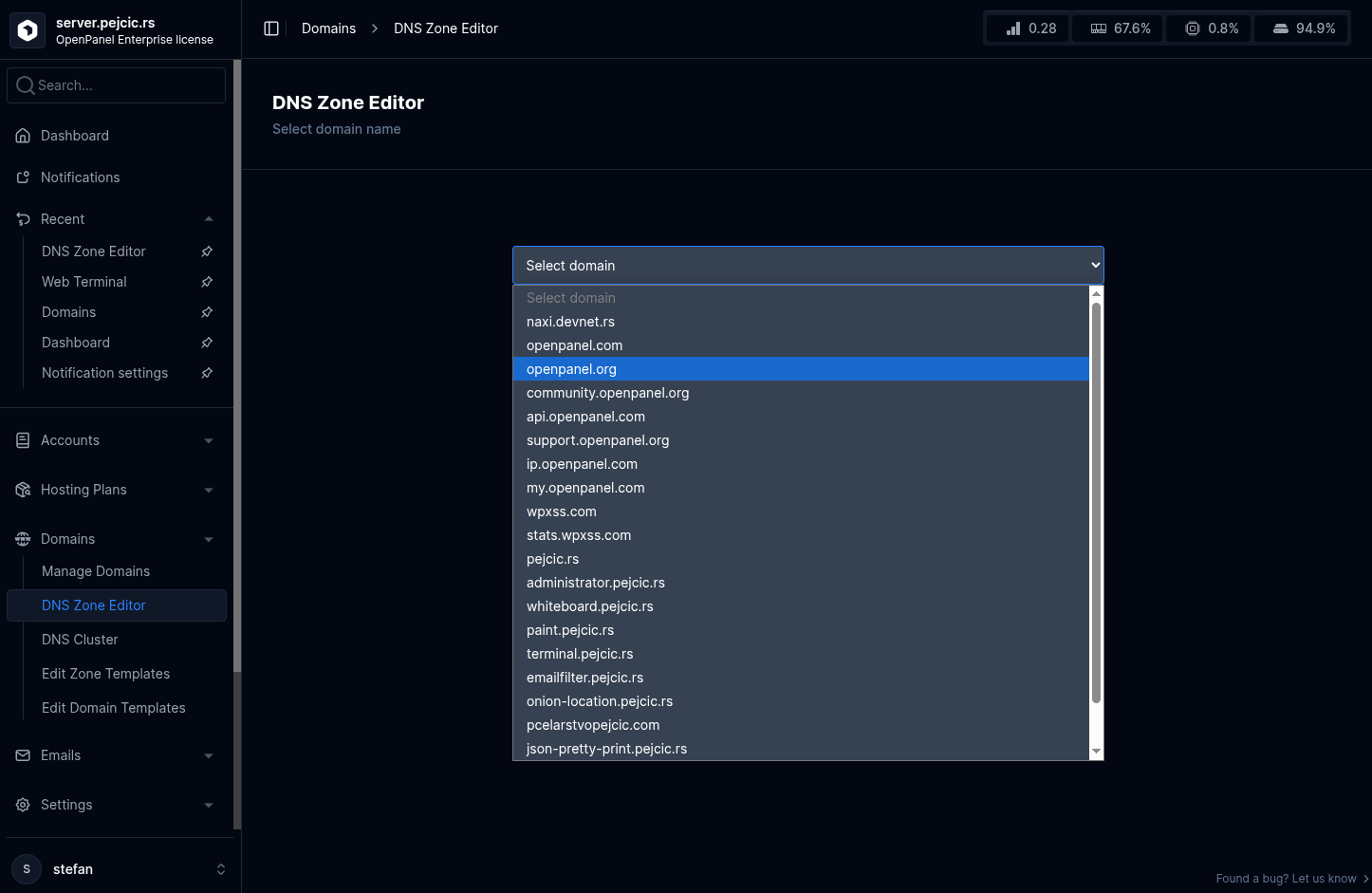 openadmin dns select domain