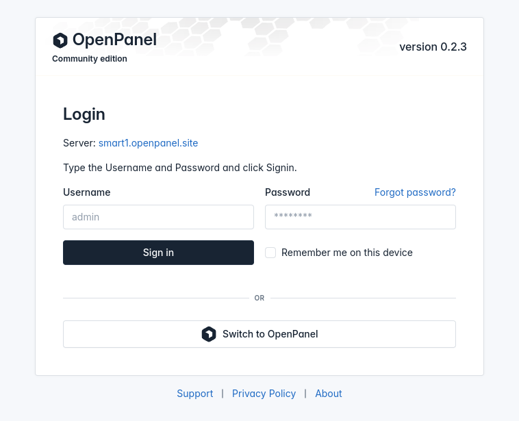 openadmin login page