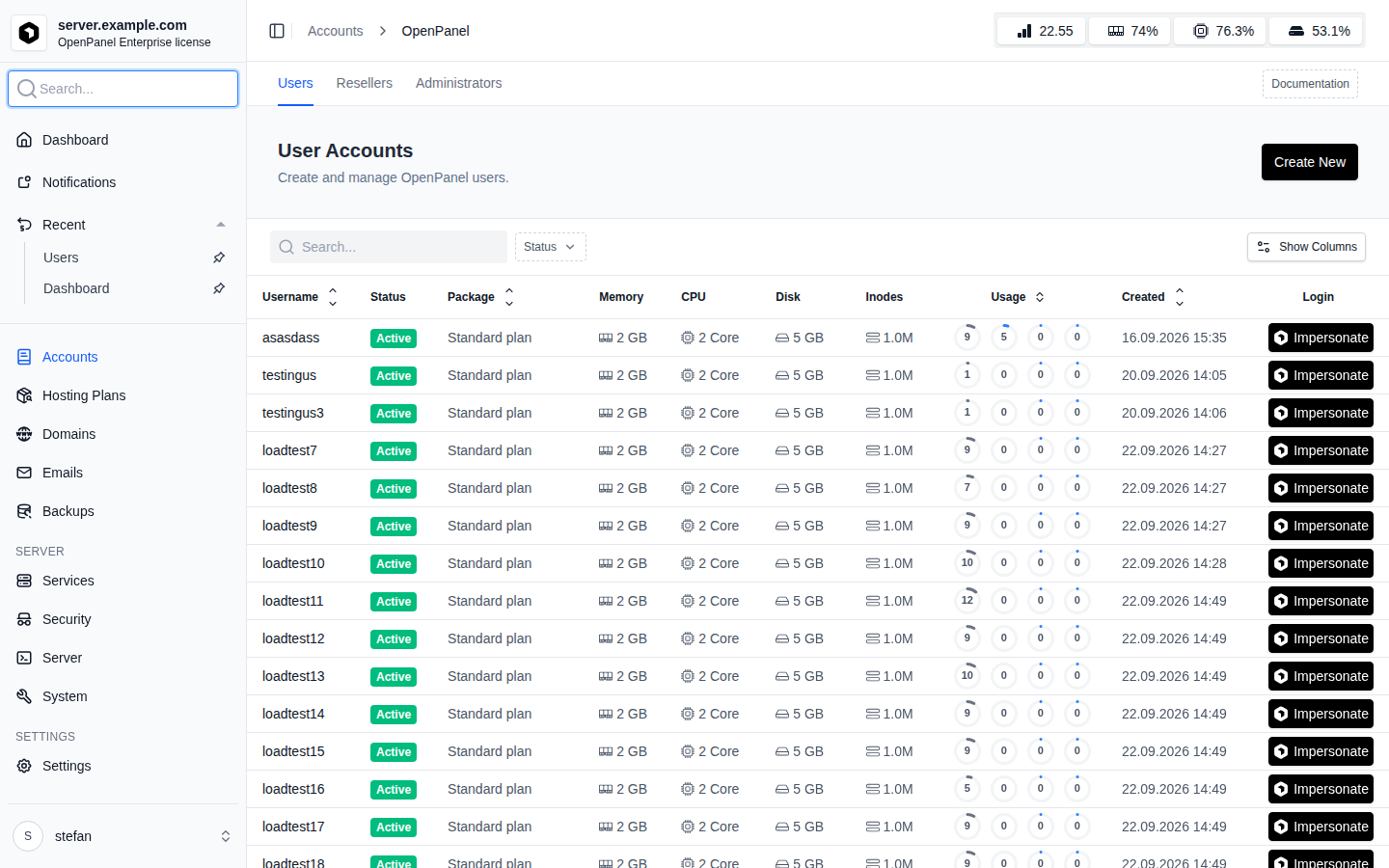 OpenAdmin Users page with the Modern menu