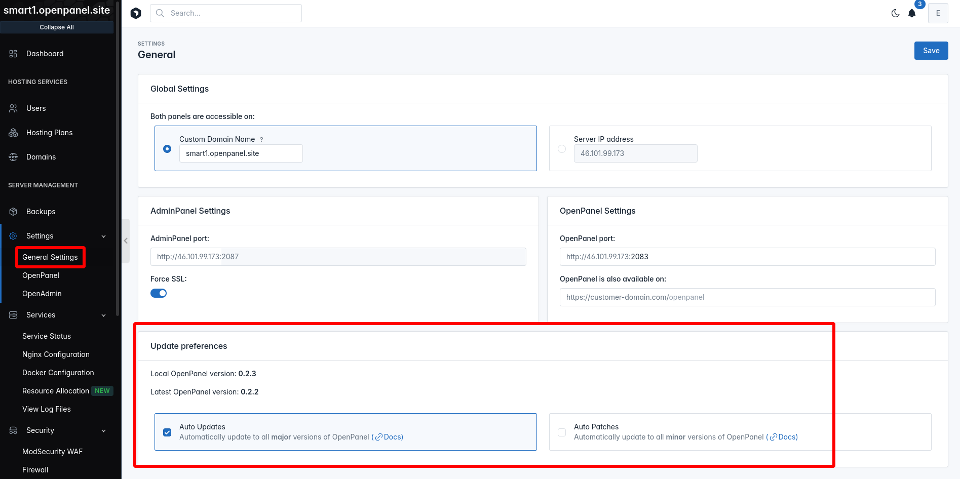 openadmin update preferences