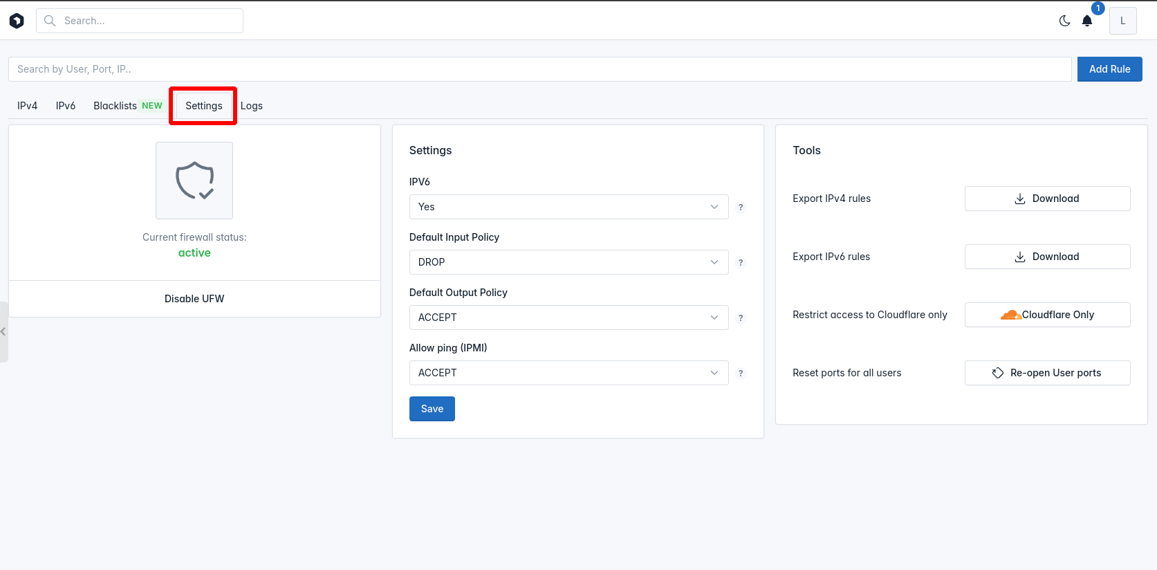 openadmin firewall settings