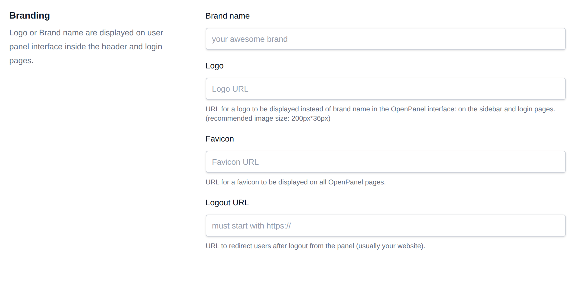 Branding section with the brand name, logo, favicon and logout URL