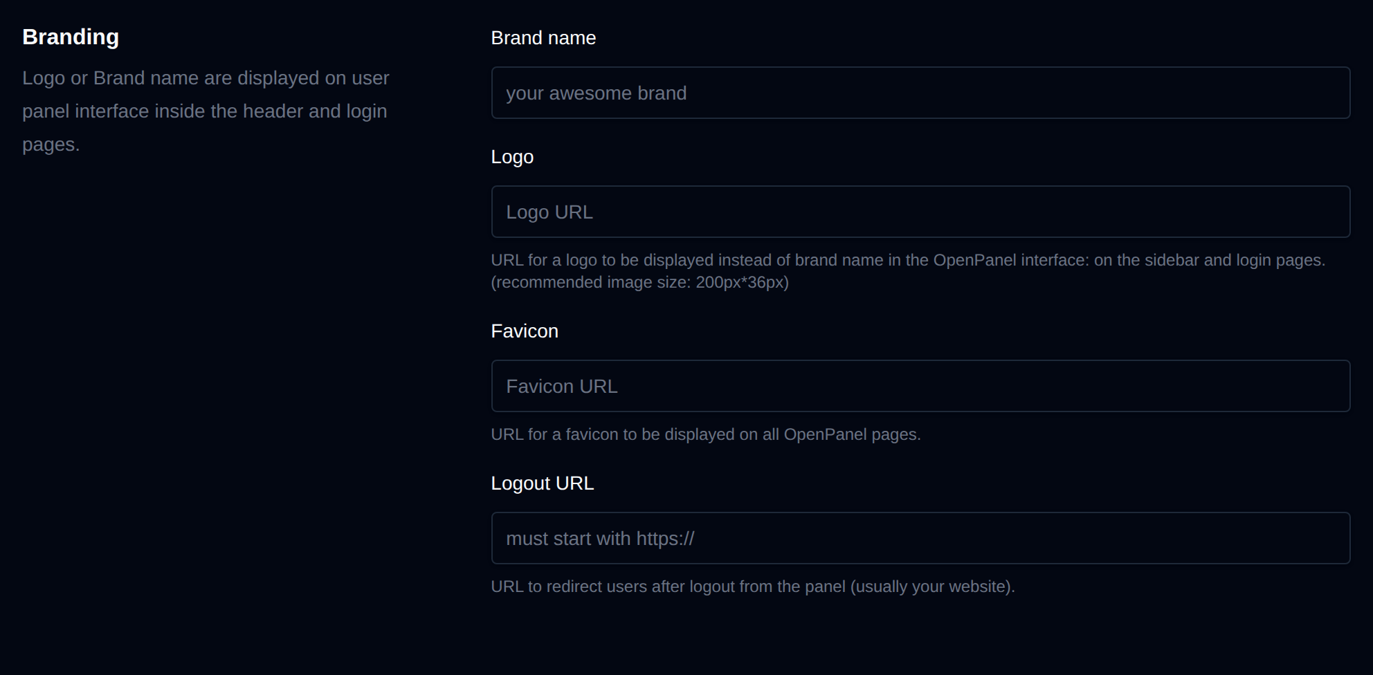 Branding section with the brand name, logo, favicon and logout URL