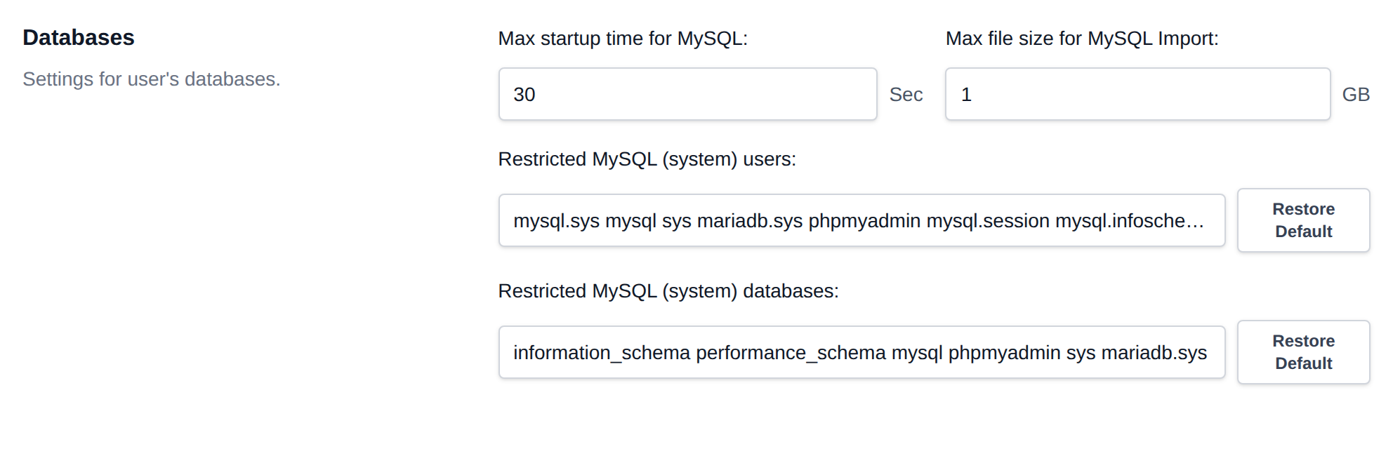 Databases section with the database options