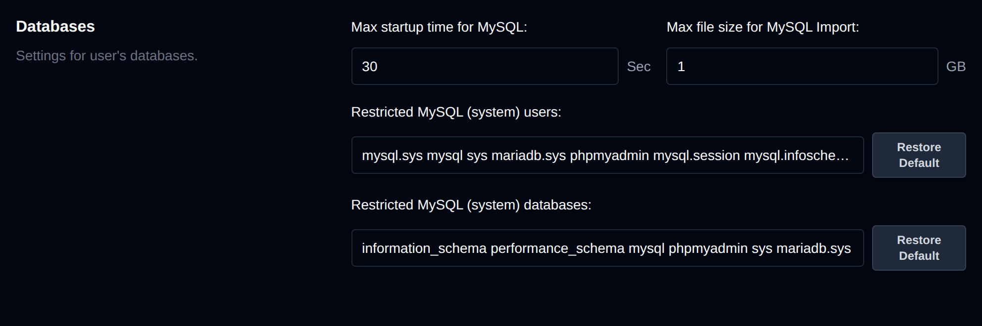 Databases section with the database options