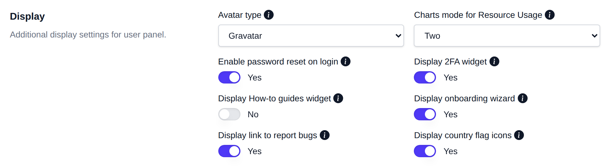 Display section with the OpenPanel interface options