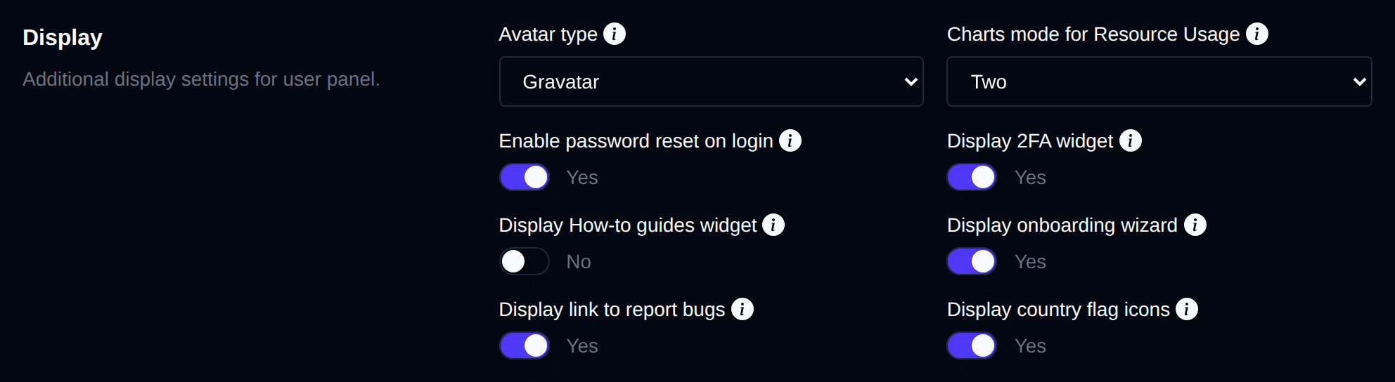 Display section with the OpenPanel interface options