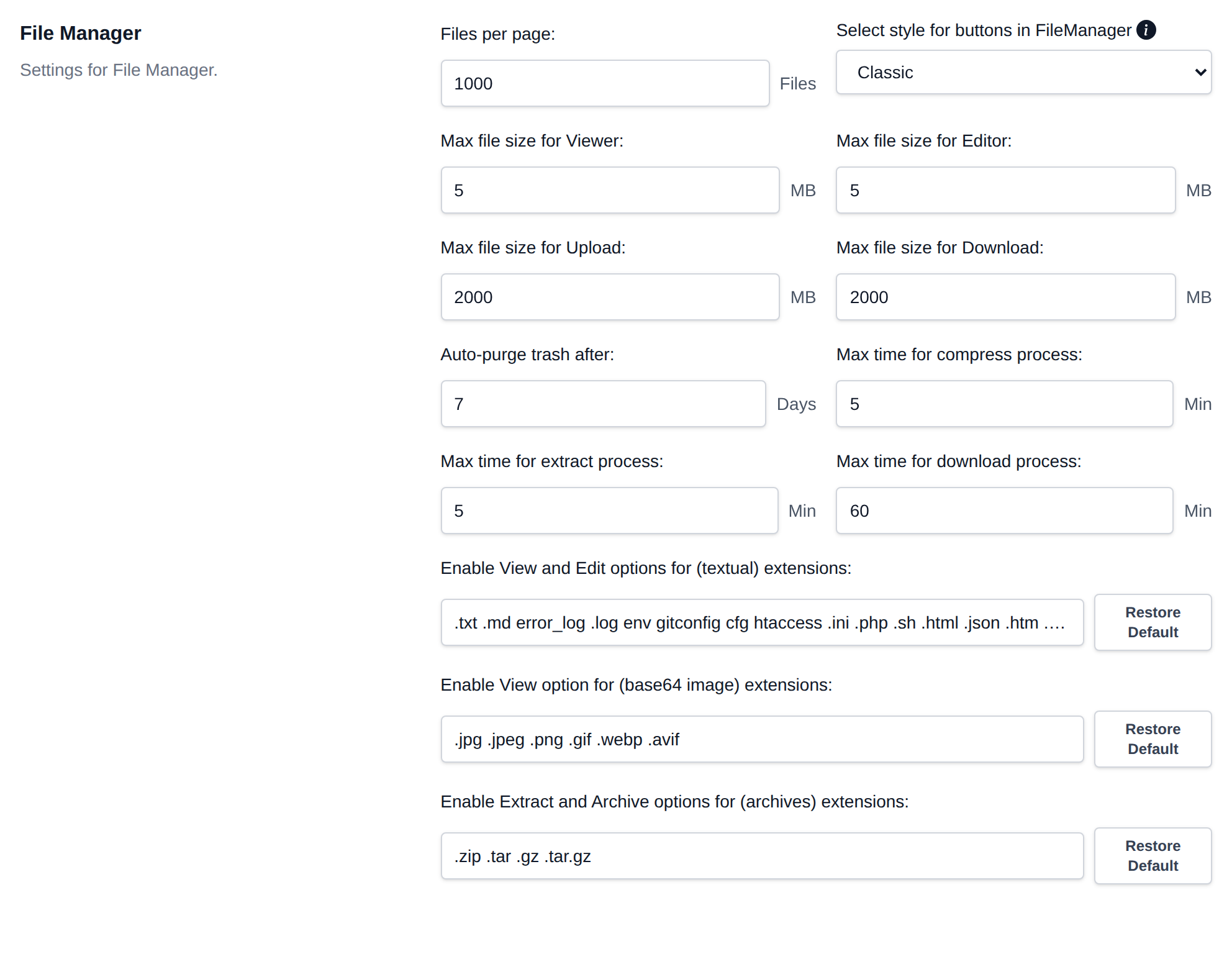 File Manager section with the file manager options