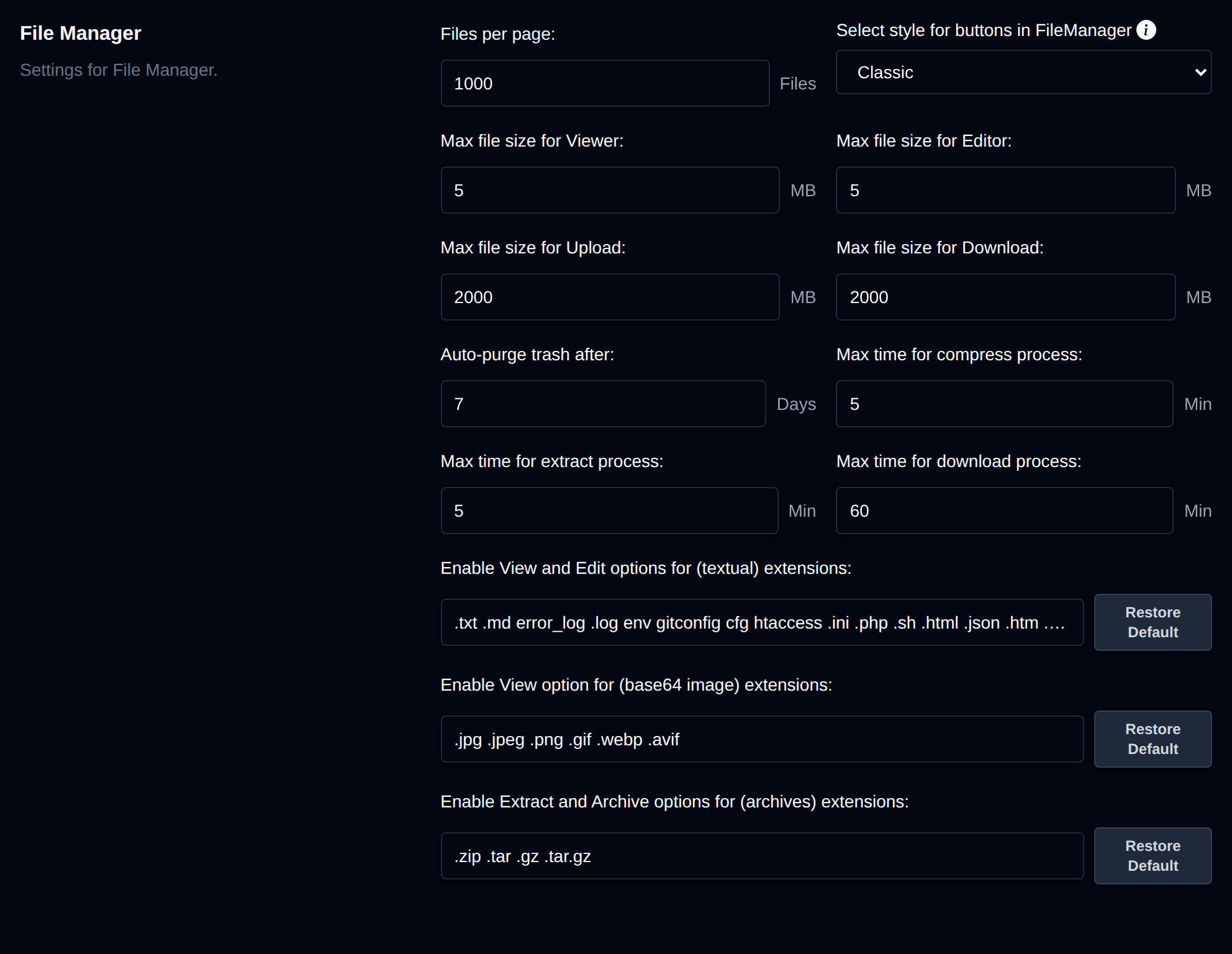 File Manager section with the file manager options