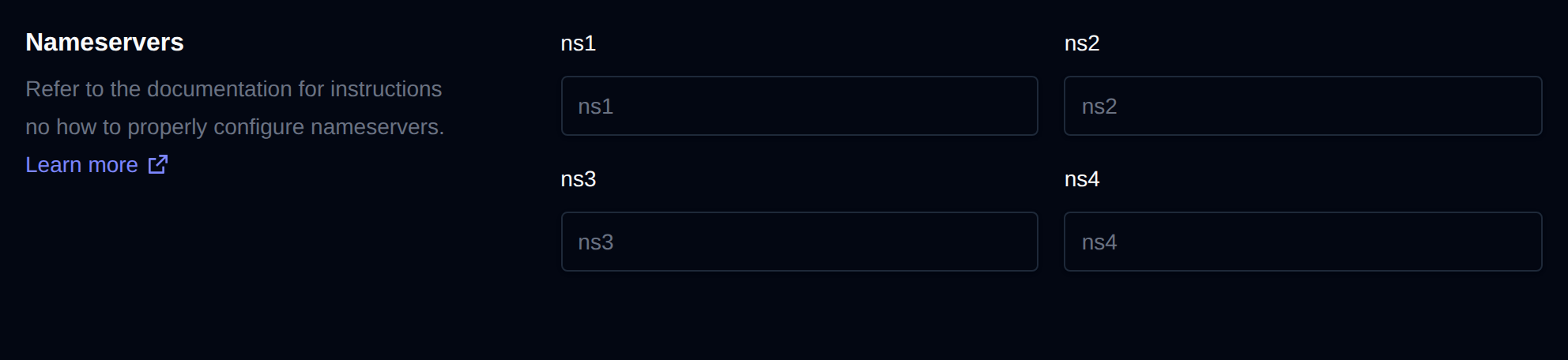 Nameservers section with the ns1 to ns4 fields