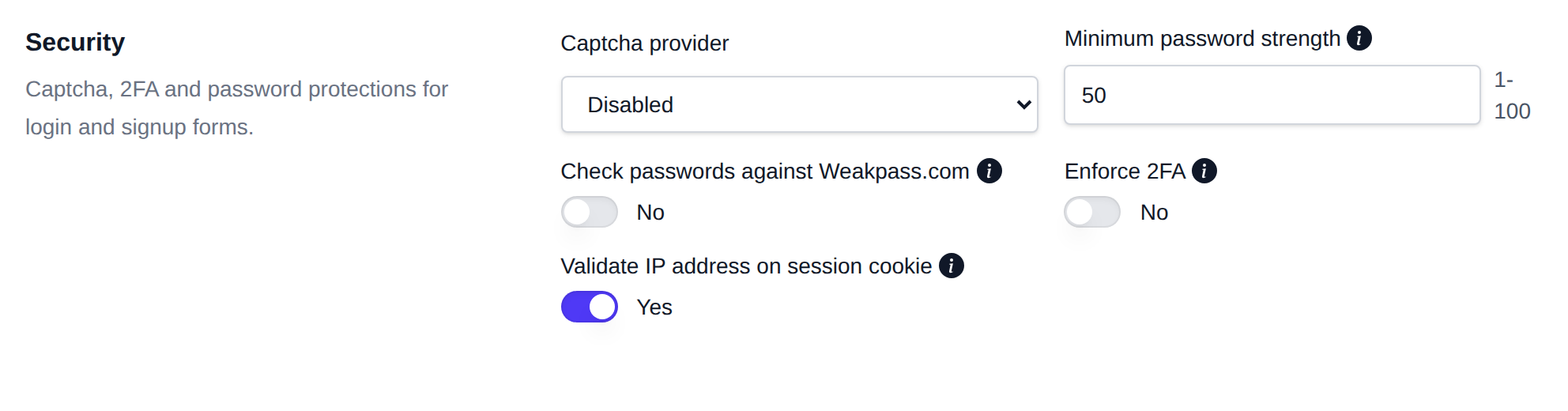 Security section with the OpenPanel login and session options