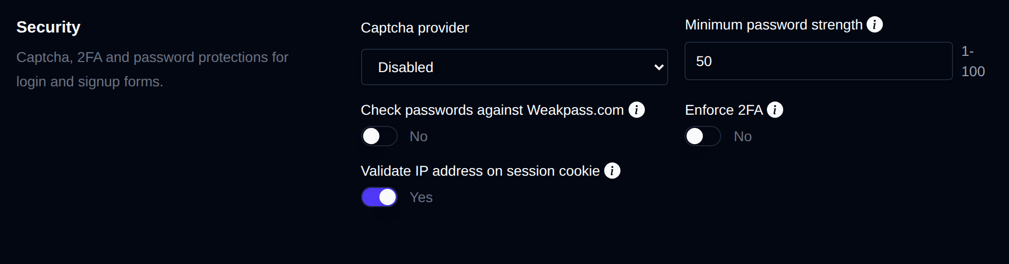 Security section with the OpenPanel login and session options