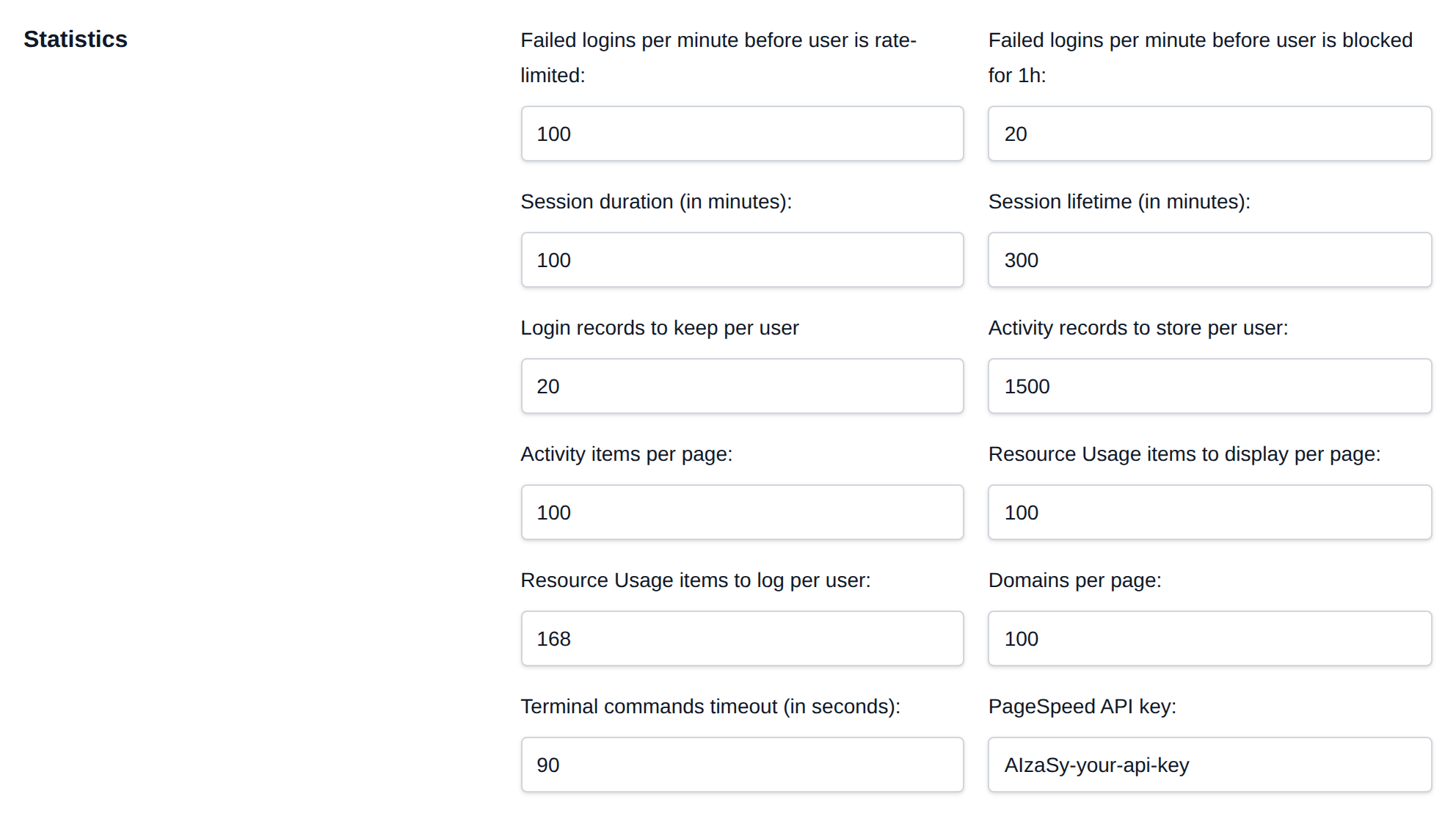 Statistics section with the resource usage and statistics options