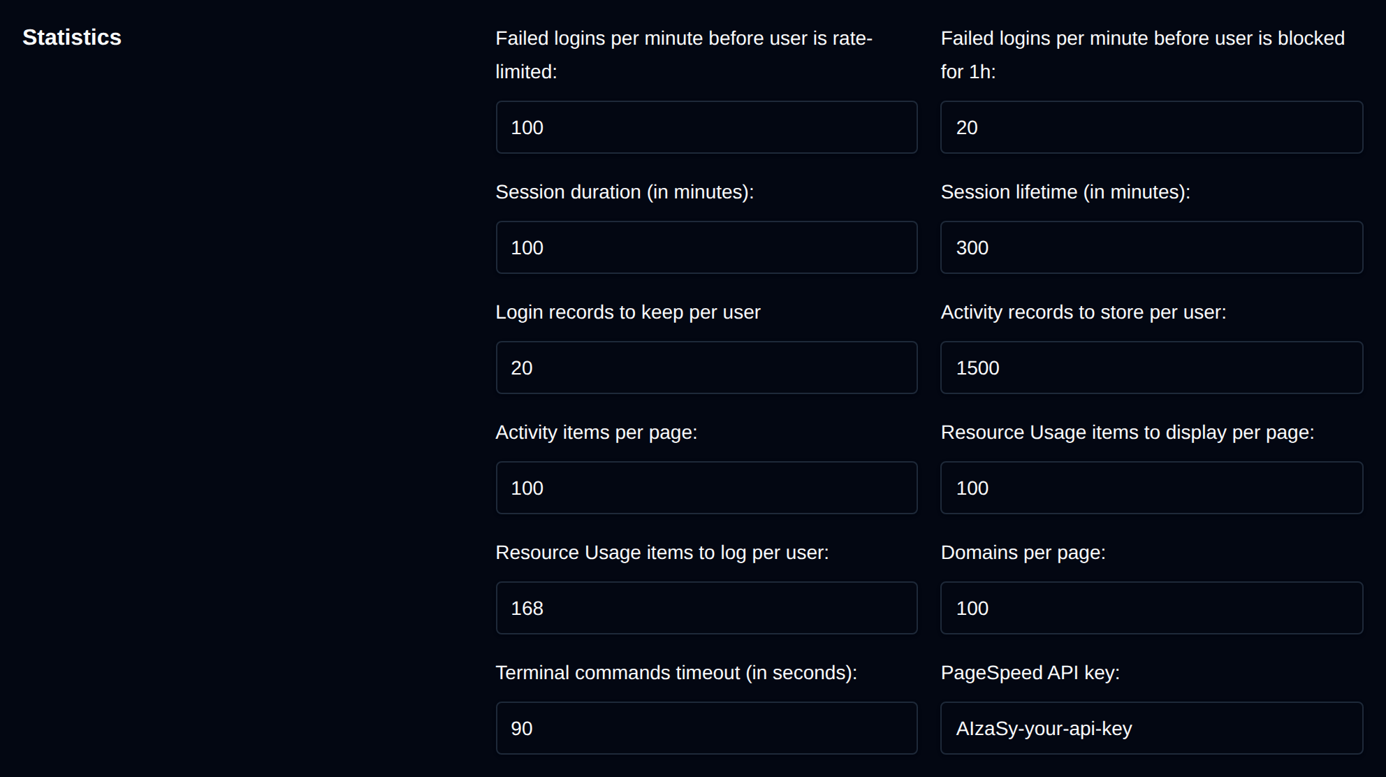 Statistics section with the resource usage and statistics options