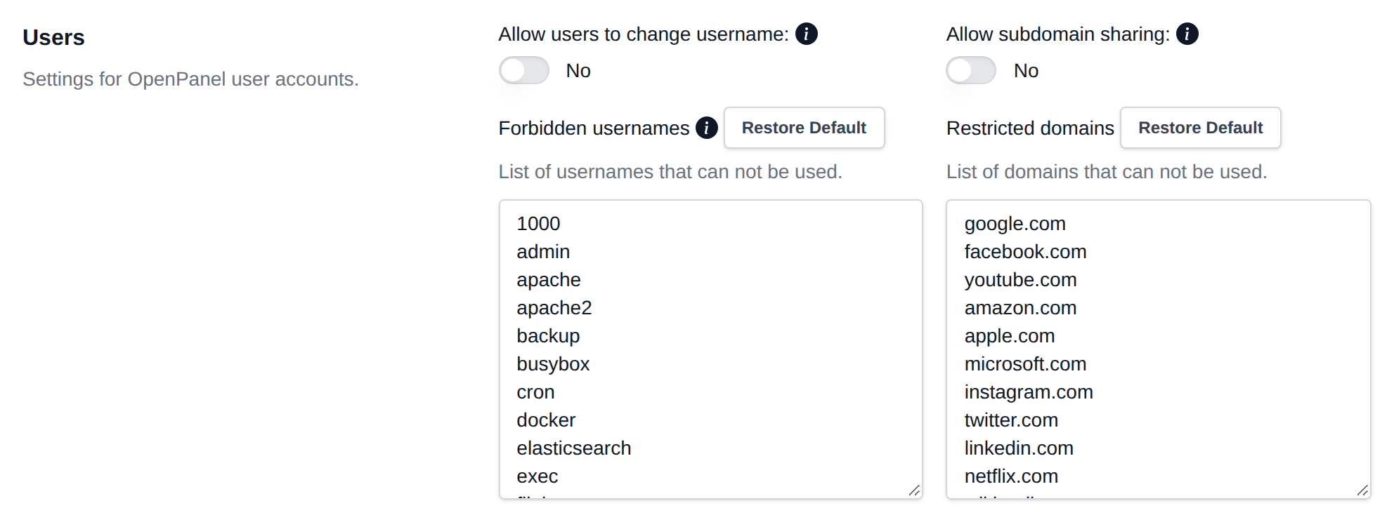 Users section with toggles for what OpenPanel users can change