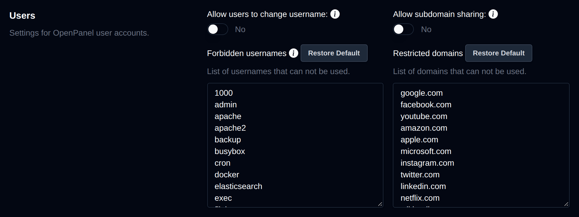 Users section with toggles for what OpenPanel users can change