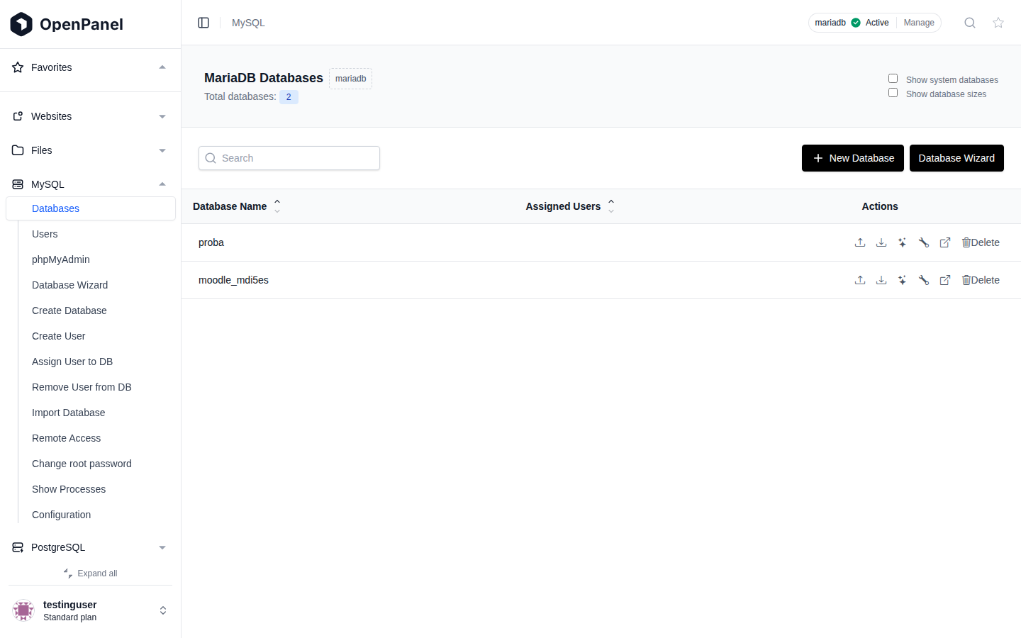 OpenPanel MySQL page with the Classic menu