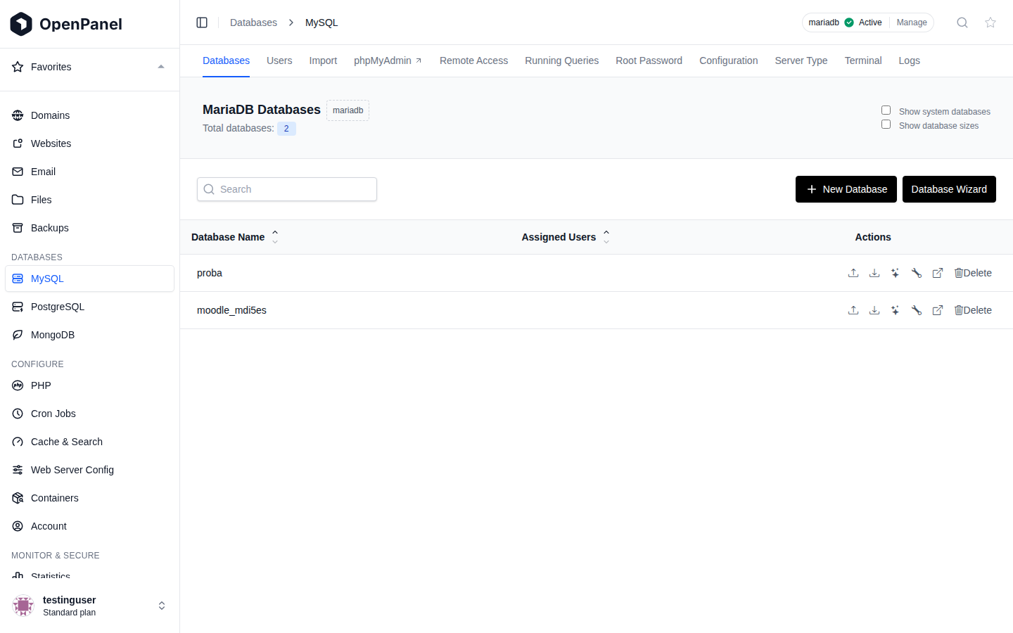 OpenPanel MySQL page with the Modern menu