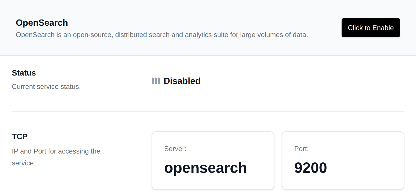OpenSearch page with the service status, TCP server and port