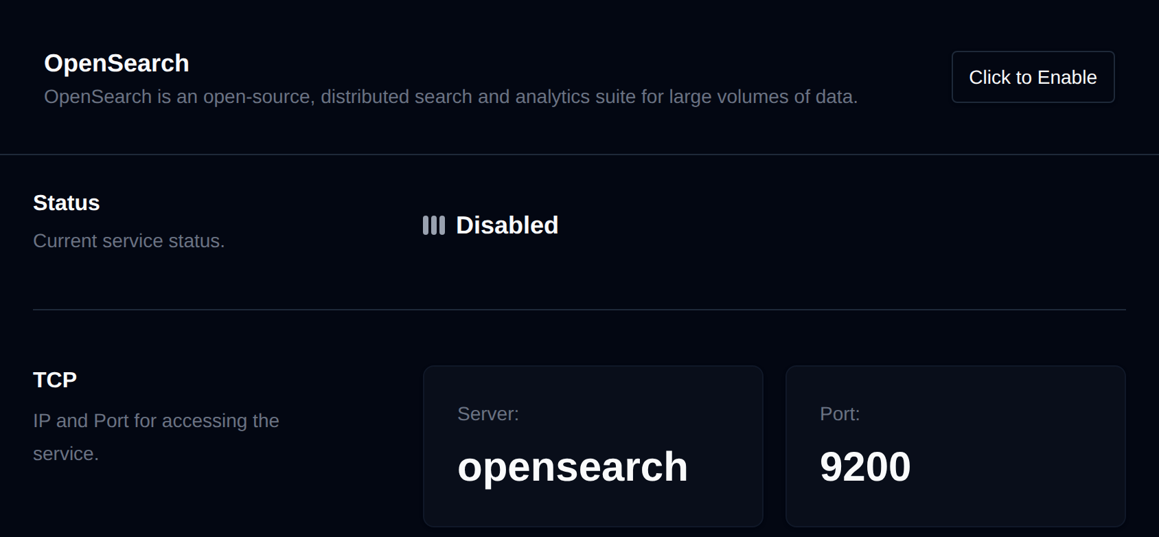 OpenSearch page with the service status, TCP server and port