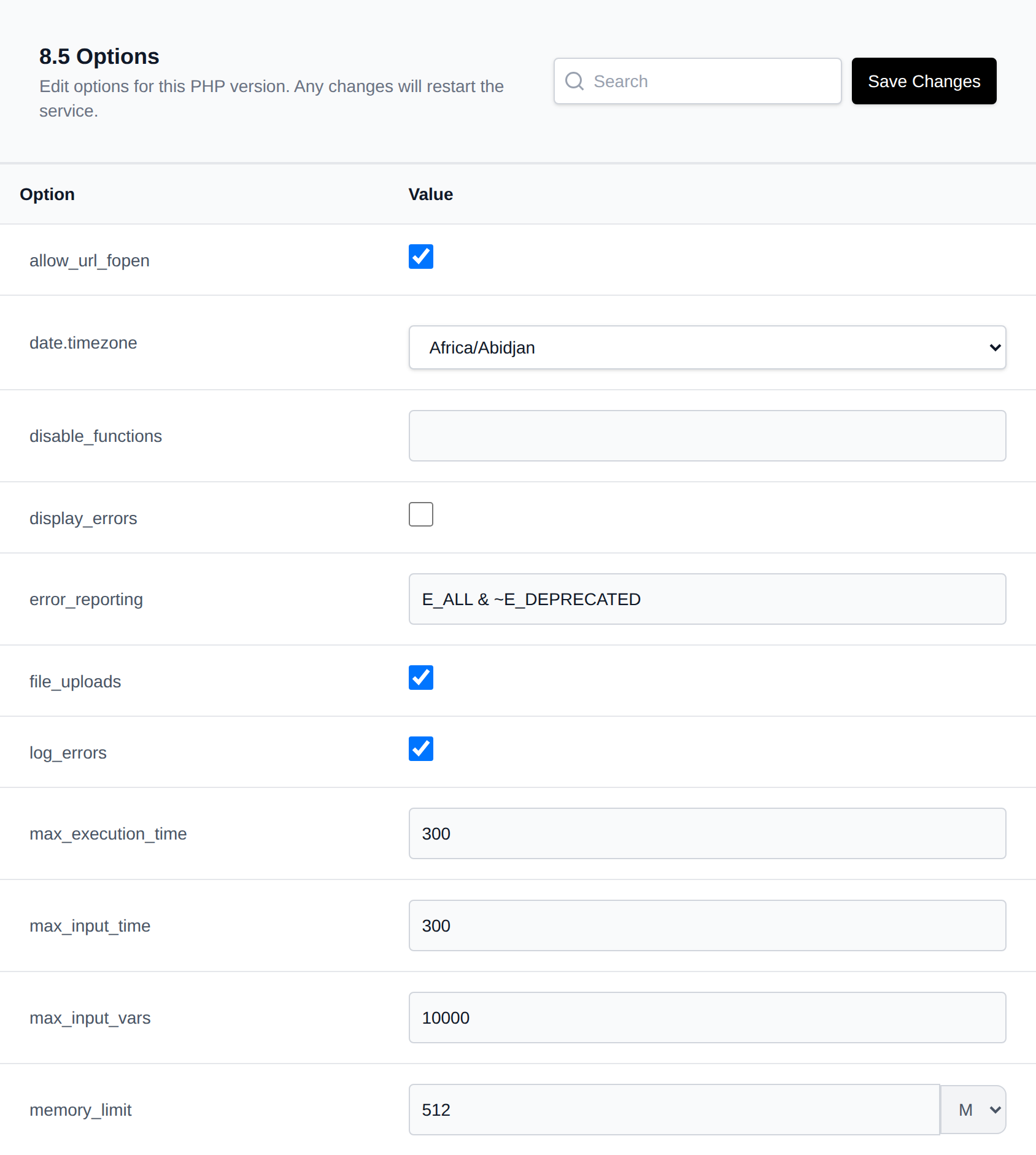 PHP 8.5 Options page with editable values such as memory_limit, max_execution_time and upload limits