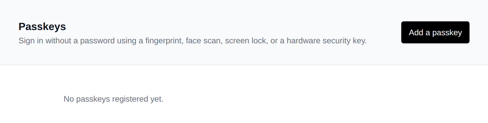 Passkeys page with the Add a passkey button and the list of registered passkeys