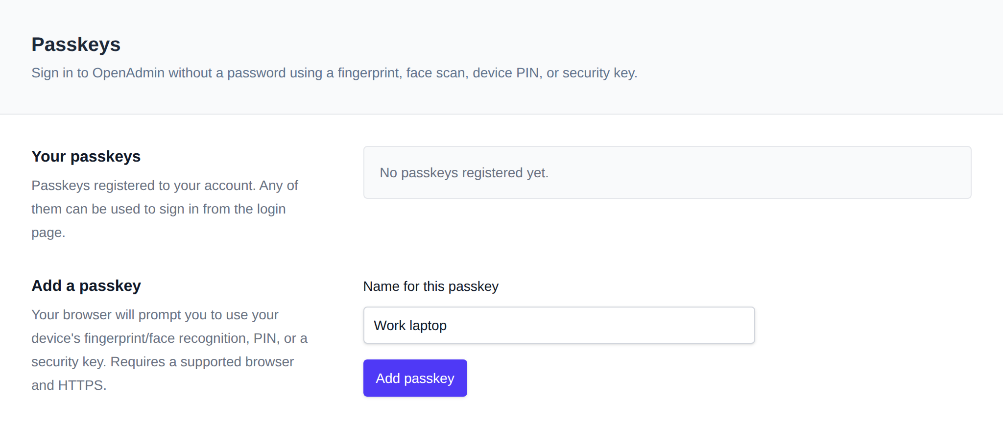 Passkeys page with the registered passkeys and the Add a passkey form