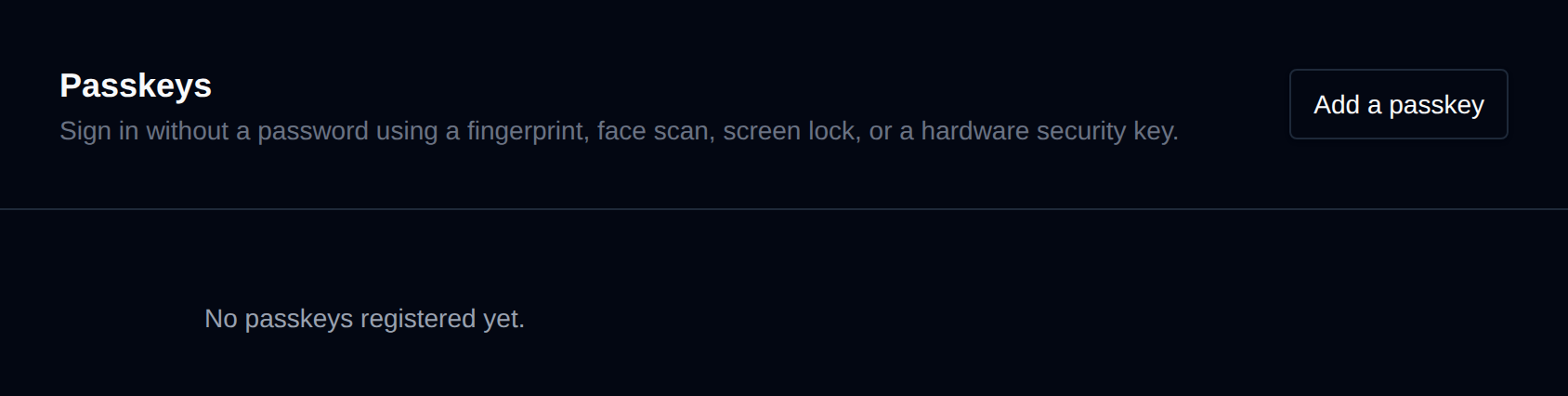 Passkeys page with the Add a passkey button and the list of registered passkeys